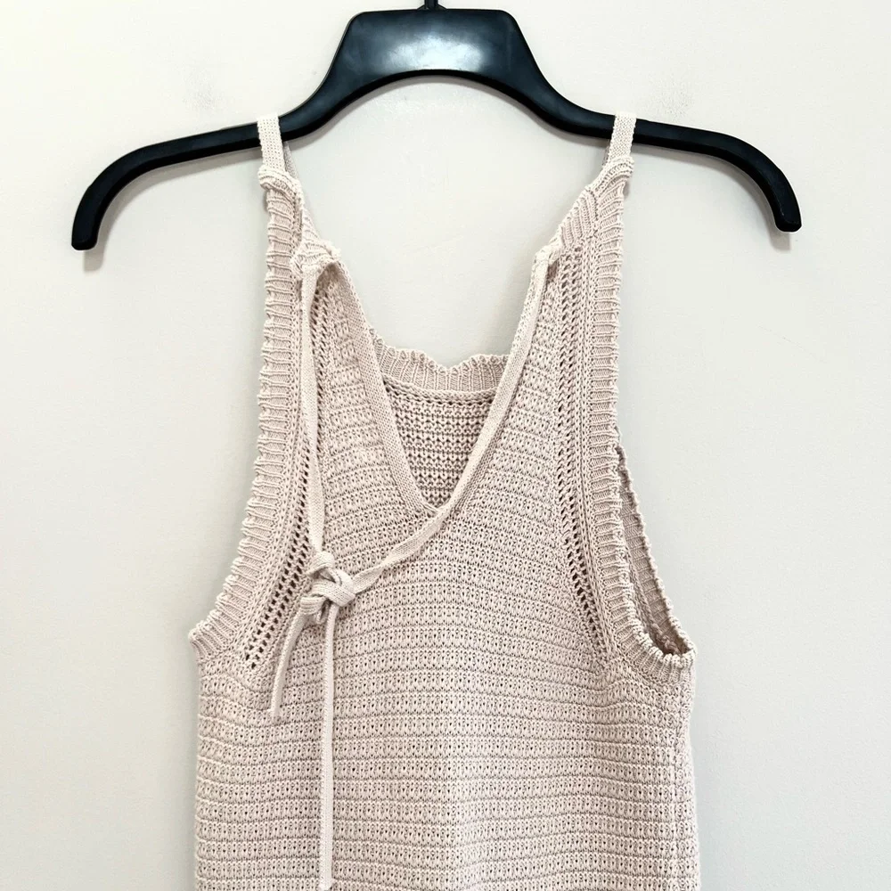 Mable Erika Tie Back Knit Crochet Cotton Sleeveless Boho Romper Beige Tan, Small